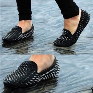 UNIF Hellraiser black & silver spiked leather flat